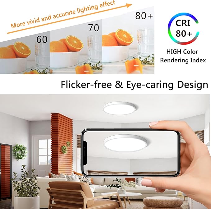 CHARYJOD LED Flush Mount Ceiling Light Fixture 12Inch, 24W Flat Light,5000K Ultra Thin Surface Panel Low Profile for Bedroom Kitchen Bathroom Garage Living Room, White (DC-CJ-0030-24W-50K)