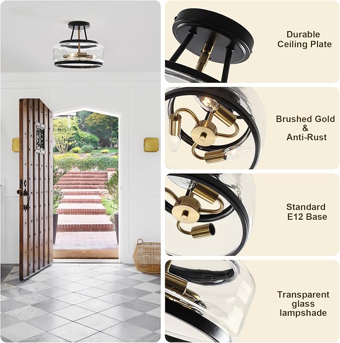 11.8" Black and Gold Semi Flush Mount Ceiling Light, Small Ceiling Lights with Clear Glass, Modern Drum Light Fixture for Hallyway Dining Room Foyer Entryway Bedroom Kitchen Bathroom, 3-Light