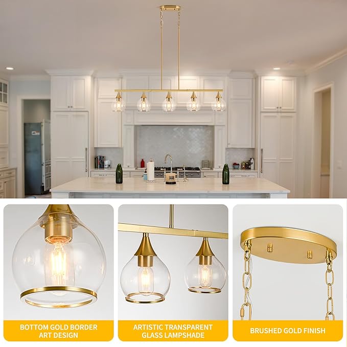 Island Light for Kitchen, 5-Light Gold Kitchen Island Linear Hanging Light Chandeliers, Brushed Gold Dining Room Light Fixture Over Table with Clear Round Glass Shades