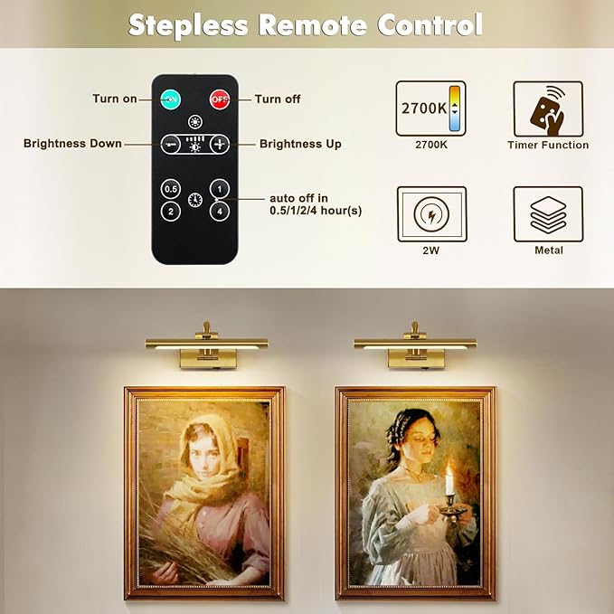 DESOOP Wireless Picture Lights for Wall Rechargeable Brass Gallery Lights Battery Operated Art Lamps with Remote and Timer Dimmable Painting Lights for Artwork Portrait Display 12 Inch 2W 2700K