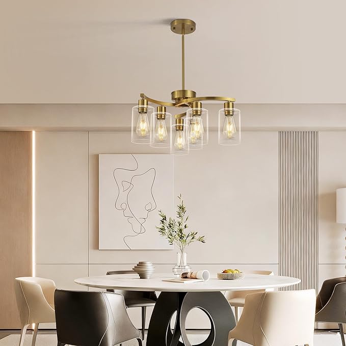 6 Light Gold Dining Room Light Fixture，Modern Farmhouse Kitchen Chandeliers Over Table，Adjustable Height Hanging Pendant Lighting for Kitchen Island ，with Glass Shade