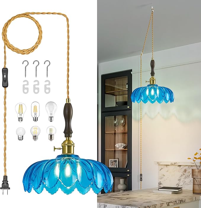 Modern Blue Plug in Glass Pendant Light Retro Flower Glass Hanging Lamp Gold Brass Decorative Adjustable Ceiling Hanging Light Suitable for Kitchen Island Bedroom Dining Room Living Room