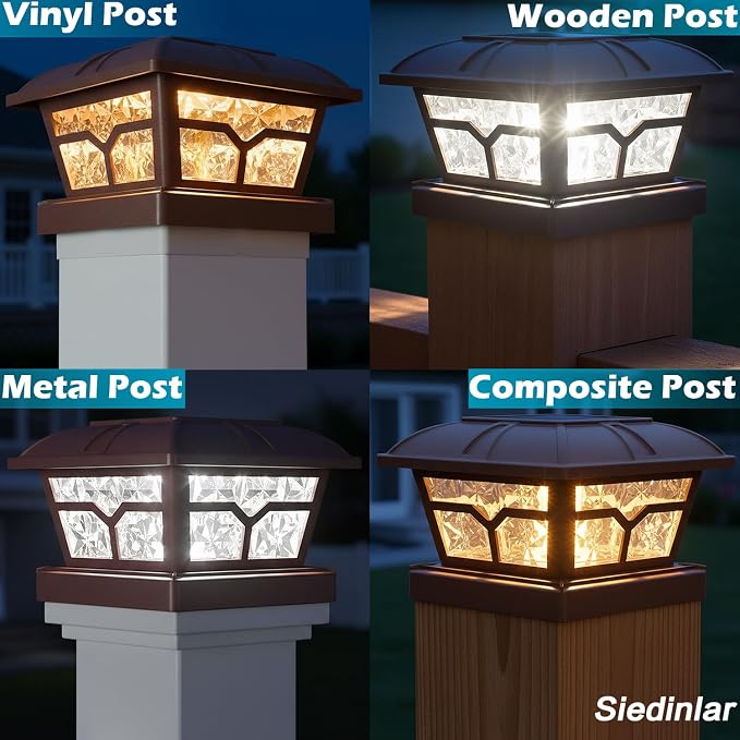 SIEDiNLAR Solar Post Cap Lights Outdoor 2 Color Modes 8 LEDs for 4x4 5x5 6x6 Posts Fence Deck Patio Decoration Warm White & Cool White Lighting Brown (6 Pack)