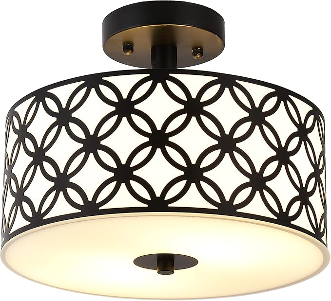 Semi Flush Mount Ceiling LED Light Fixture Hanging with Drum Shade for Dining & Living Room Kitchen Office Shop Entryway & Hallway Modern Chandelier Lamp Brushed Chrome Finish E26 Base