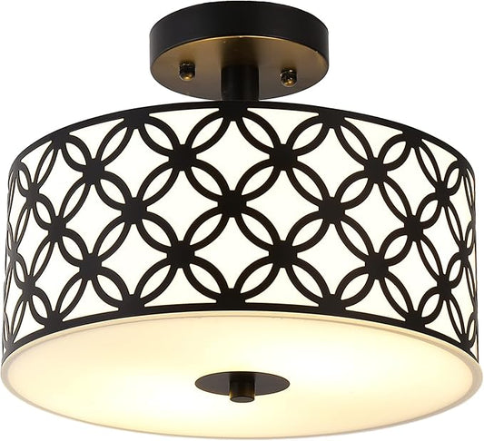 Semi Flush Mount Ceiling LED Light Fixture Hanging with Drum Shade for Dining & Living Room Kitchen Office Shop Entryway & Hallway Modern Chandelier Lamp Brushed Chrome Finish E26 Base
