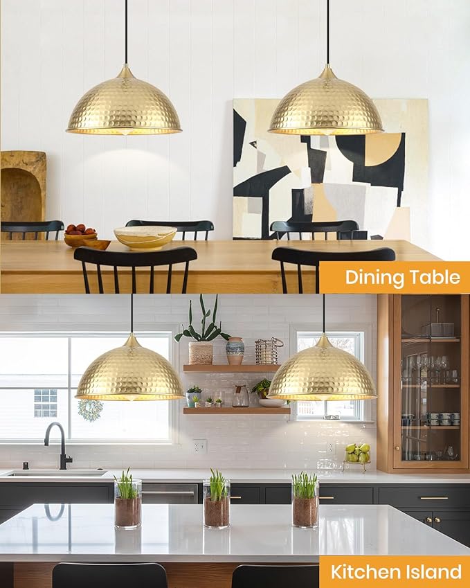 Gold Pendant Lights Kitchen Island 12 Inch, Vintage Hammered Pendant Light Fixtures Adjustable Height Dome Pendant Light for Dining Room Bedroom Bar