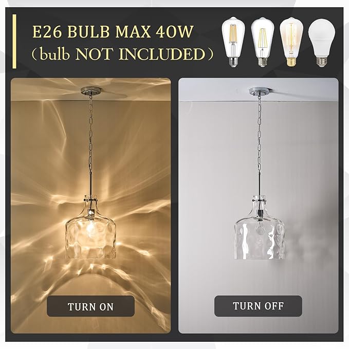 CATINER Extra Large 16" Vintage Farmhouse Pendant Light – Hand-Blown Clear Hammered Glass Shade, Adjustable Chain Hanging Light for Kitchen Island, Hallway, Dining Room, Chrome