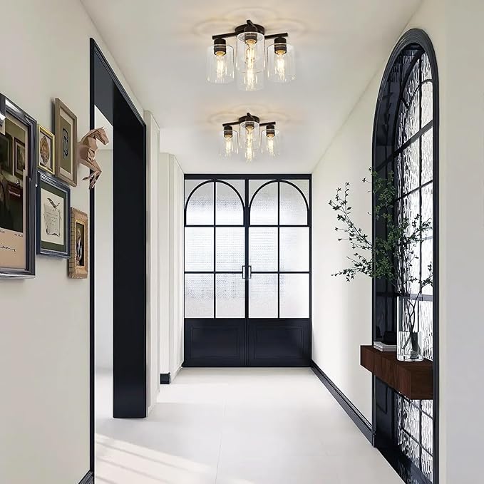 Kitchen Lighting Fixtures Ceiling, Black Semi Flush Mount Ceiling Light, 4 Light Kitchen Light Fixtures Cieling Lights with Clear Glass Shade for Bedroom Foyer Farmhouse Hallway