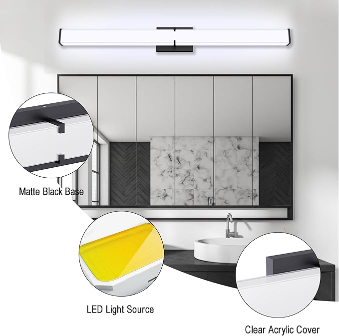 Bathroom Light Fixtures: 40 Inch ETL Certified LED Bathroom Vanity Light 5000K Cool White 40W 3600LM - Modern Black Vanity Light Dimmable with Clear Shade - Bathroom Lighting Fixtures Over Mirror