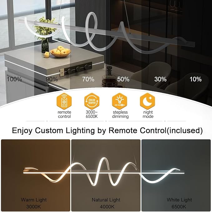Led Chandeliers for Dining Room,Modern Led Pendant Light Fixture, Dimmable Adjustable Height Music Note Shape Hanging Lamp with Remote Control White Iron Ceiling Light Fixture for Kitchen Island