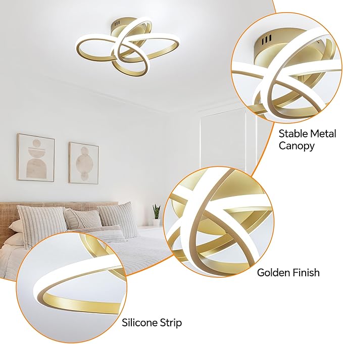 Modern Ceiling Light, 36W LED Dimmable Ceiling Light with Remote Control, Color Temperature Changing, Gold Small Chandelier for Bedroom, Entryway, Hallway, Kitchen