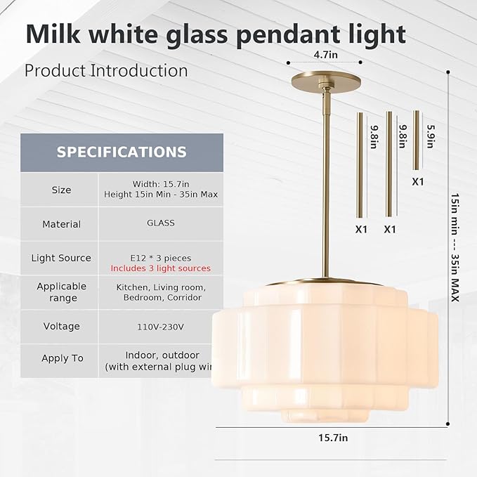 Vintage Milk Glass Pendant Lights, 15.7" White Pleated Glass Chandelier, Semi-Flush Mount Ceiling Light for Bedroom, Foyer, Living Room, Bar Counter, E12 Bulb Included (White, 15.7)