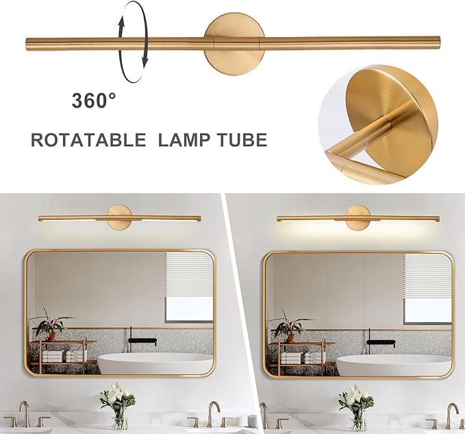 Gold Bathroom Light Fixtures Over Mirror 30 Inch, 20W 360° Rotatable Dimmable 4000K Led Vanity Light Bar, Brushed Gold Bathroom Vanity Lights Above Mirror