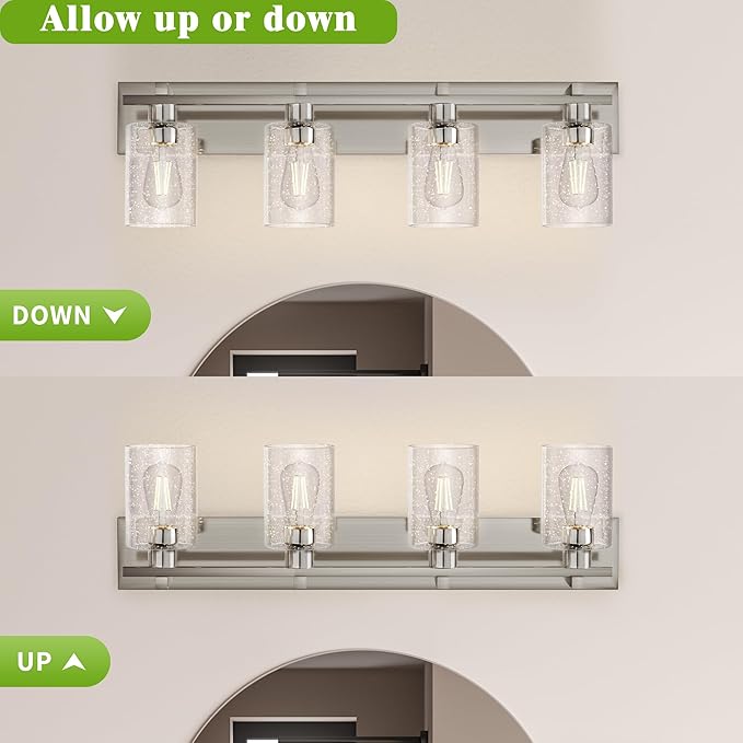 Espird Bathroom Vanity Light, 4 Light Brushed Nickel Vanity Lights with Thickened Seeded Glass Shade, 30 inch Modern Bathroom Light Fixtures, Bathrooms Lights Fixtures Over Mirror