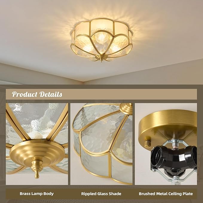 Gold Vintage Brass Ceiling Light - Small 11.8 Inch Hammered Glass Mid Century Flush Mount Lighting Fixtures - Art Deco Antique Modern Lamp for Hallway Bedroom Kitchen Entryway Laundry Foyer Bathroom