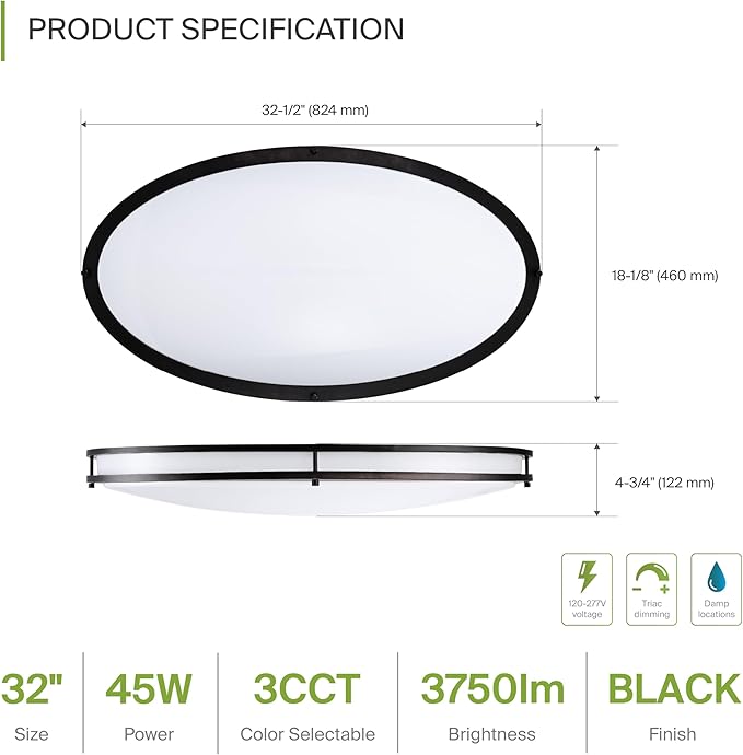 ASD LED 32" Oval Flush Mount Lighting, Close to Ceiling Light Fixture | 3CCT, Dimmable, Energy Star, ETL Listed | 45W 3750LM 3000-5000K 100-277V | Low Profile Double Ring Lamp | Black