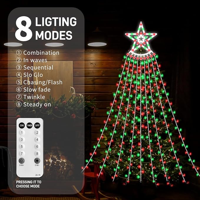 350 LED Christmas Decorations Star String Lights Waterproof Waterfall StarLights 8 Light Modes Remote & Timer,Waterproof Seasonal Lighting Decor for Home Xmas Tree Yard Wedding Party (Red&Green)