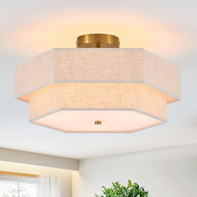 Modern Semi Flush Mount Ceiling Light 18" Modern Gold Drum Ceiling Lighting Fixture with Linen Shade Vintage Ceiling Lamp for Living Room, Bedroom, Kitchen, Dining Room, Hallway, and Entryway