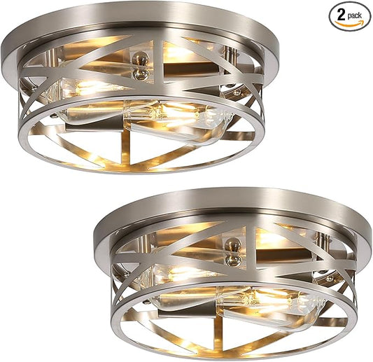 Brushed Nickle Flush Mount Ceiling Light Fixture, 2-Pack Metal Cage Close to Ceiling Lights, Modern 11 Inch E26 Base Indoor Kitchen Ceiling Lights for House Hallway Bedroom
