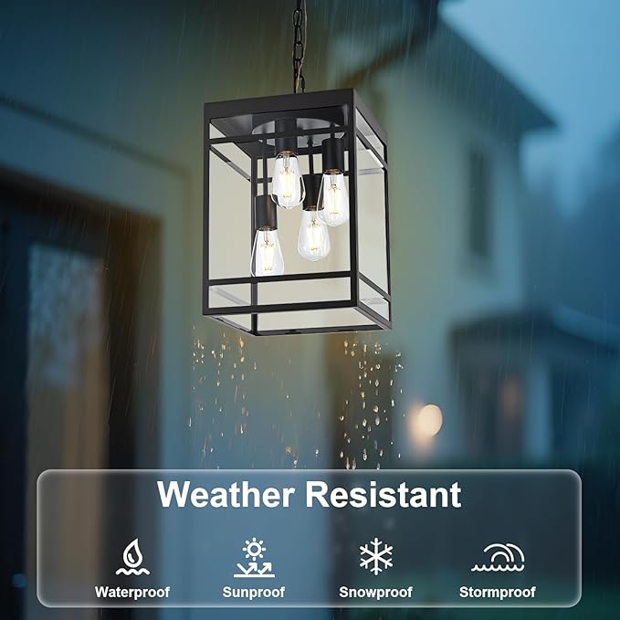 4-Light Outdoor Pendant Lights for Porch, Black Outdoor Chandelier 15.7'' Large Exterior Hanging Porch Light Fixtures with Clear Glass, Waterproof Outside Pendant Lantern for Garage Foyer