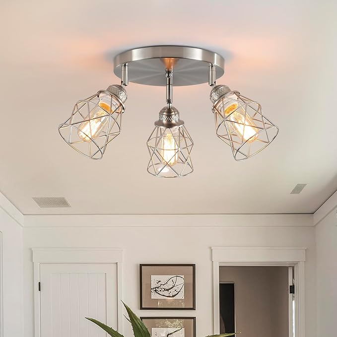 Kitchen Light Fixtures Ceiling Mount, Adjustable Semi Flush Mount Ceiling Light, Multi-Directional Lamp for Kitchen, Hallway, Dining Room, Farmhouse with E26 Base (Brushed Nickel)