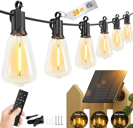 Brightown 38FT Solar String Lights Outdoor Waterproof with Remote, 15+1 LED Shatterproof Bulbs, Dimmable & Timable, 3 Light Modes - Commercial Grade Patio Lights for Garden Backyard Party Decor