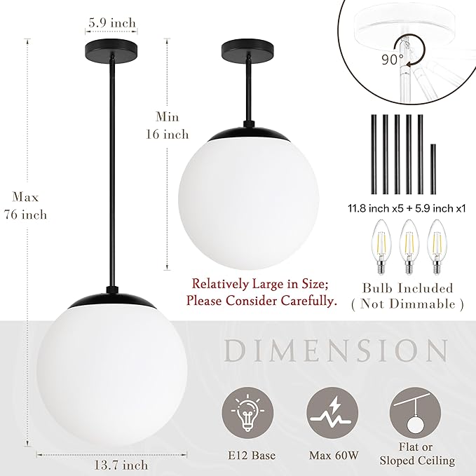 Bagood 14" Globe Pendant Light 3-Light Black Milk Glass Pendant Light Mid Century Modern Light Fixture Globe Pendant Lights Kitchen Island Matte Black Finished with Milk Glass Lampshade for Bedroom