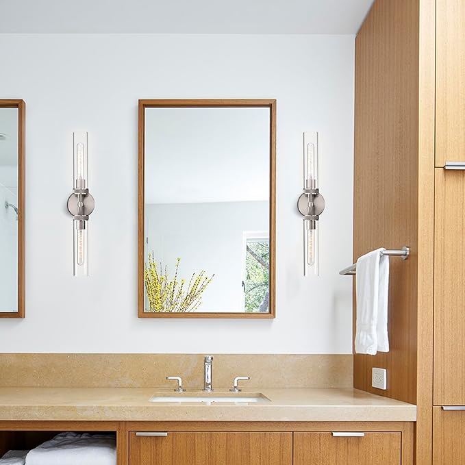 Vanity Lights for Bathroom,Knurled Texture 2-Light Brushed Nickel Wall Sconce,Clear Glass Vanity Mirror Lights,Modern Hardwired Chrome Bathroom Light Fixtures,Large Wall Lamps for Living Room,Bedroom