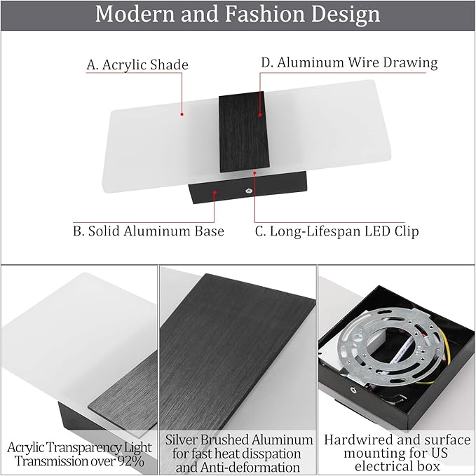 Lightess Modern Wall Sconce 12W Indoor Acrylic Modern Wall Light Set of 2 LED Wall Lamp for Hallway Living Room Corridor Bedroom, Warm White