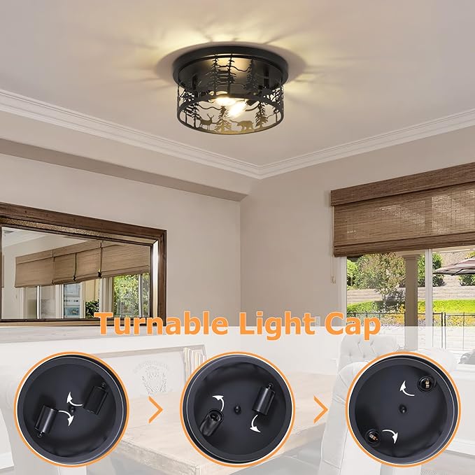 2 Pack Rustic Farmhouse Flush Mount Ceiling Light, 2-Light Black Metal Bear Design E12 Round Ceiling Light Fixture, for Kitchen, Bedroom, Foyer, Cabin Lighting (Bulbs Not Included)