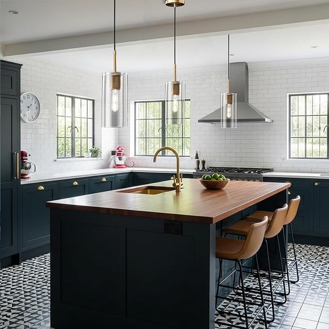 Brass Pendant Lights Kitchen Island 2 Set Modern Glass Pendant Light Fixtures, 9.5'' Farmhouse Gold Pendant Light Fixtures, Indoor Chandelier for Bathroom, Bar Included Bulb