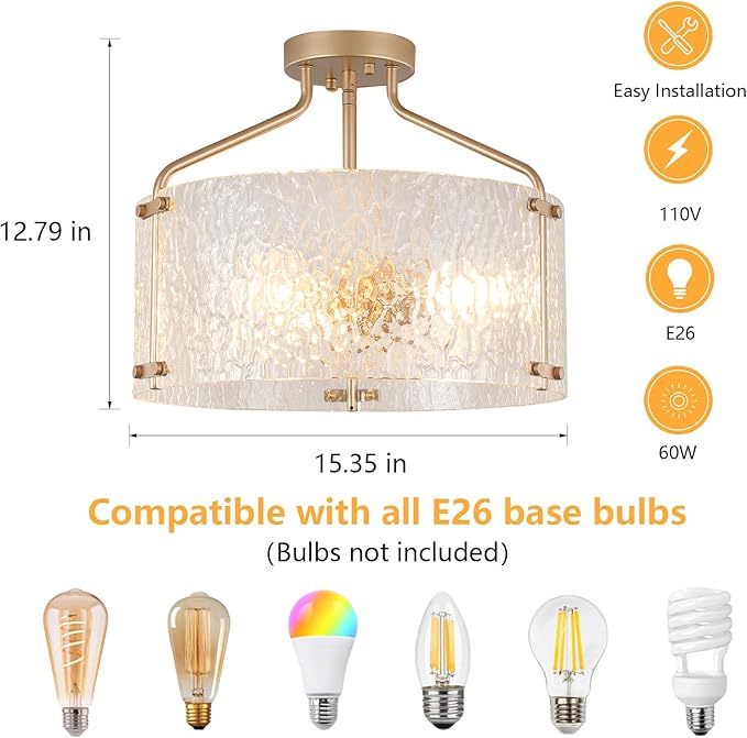 Semi Flush Mount Ceiling Light Fixture Glass Drum Chandelier Entryway Light Fixture 16''Gold Flush Mount Ceiling Lights 3-Light Foyer Lighting fixtures for Living Room Hallway Bedroom