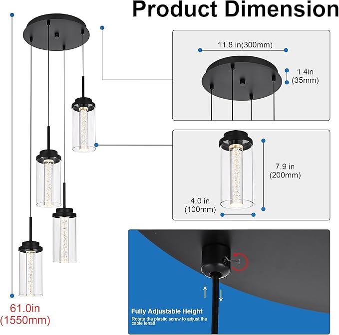 MELUCEE 4-Light Dimmable LED Pendant Light Dining Room Light Fixture Over Table Black Chandelier, 3000K-6000K Adjustable Color Temperature Island Lights with Clear Glass Shade