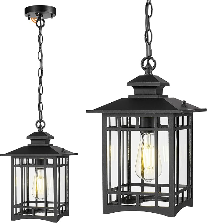 Emliviar 14.4" Hanging Lantern Light Fixture in Black Finish, Dusk to Dawn Modern Outdoor Porch Chandelier with Clear Glass Shade, 100W Max, XE309H-M-PC BK
