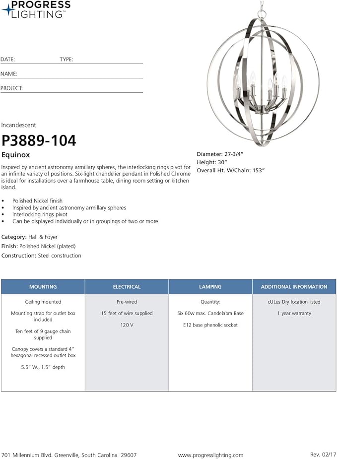 Progress Lighting P3889-104 Equinox Six-Light Sphere Pendant, Polished Chrome