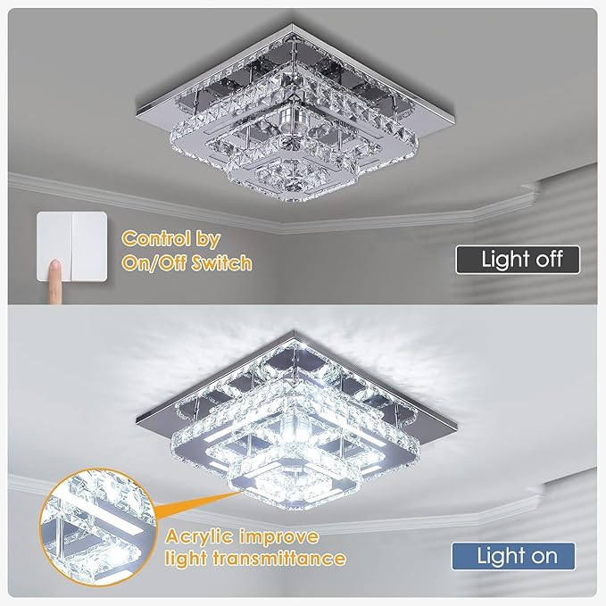 FRIXCHUR Crystal Chandelier LED Crystal Ceiling Light 2 Layers 12 inch Flush Mount Ceiling Light Modern Chandeliers Lighting for Bedroom Hallway Staircase Kitchen Closet (Cool White)