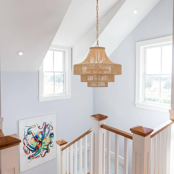 Wood Beaded Rattan Chandelier Boho Hand Woven Pendant Light 6-Lights Adjustable Coastal Pendant Lighting Fixtures for Dining Living Room Kitchen Hallway, Dia 20”, UL Listed