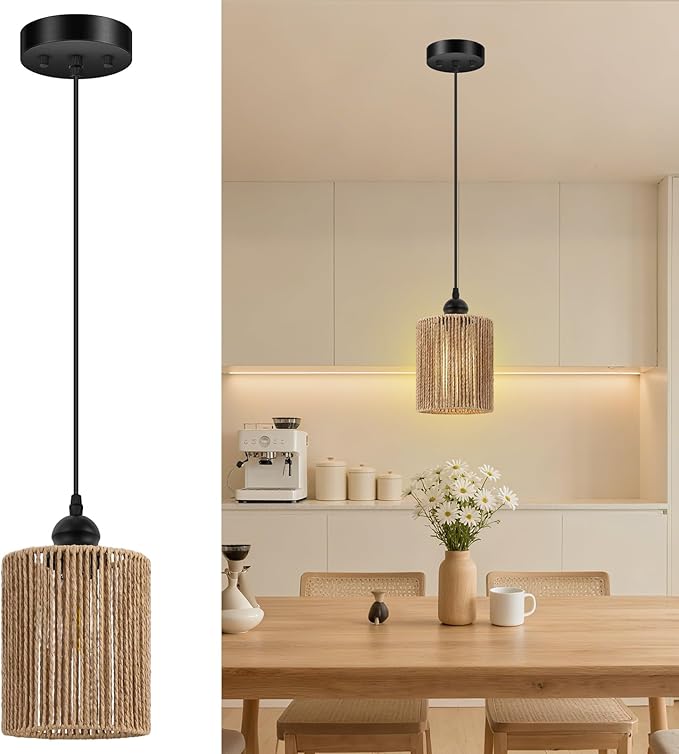 BoostArea Rattan Pendant Lights Kitchen Island, Farmhouse Chandelier with Handwoven Wicker Shade, Adjustable Height Boho Hanging Light for Kitchen Island/Dining Room/Bedroom/Hallway, 1 Pack, No Bulb