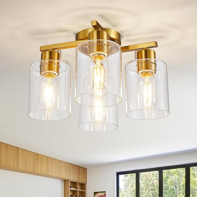 4 Light Semi Flush Mount Ceiling Light Brushed Gold Kitchen Lighting Fixtures Ceiling Brass Hallway Cieling Lights Fixture with Clear Glass Shade for Bedroom Dining Room