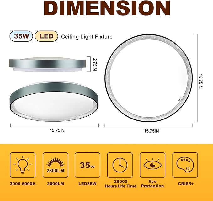 DLLT Flush Mount Ceiling Light: Close to Ceiling Light Fixtures 16 Inch 35W - Dimmable Ceiling Lamp 3000-6000K 5 Color Selectable Ceiling Mount Light for Bedroom Kitchen (Blue)