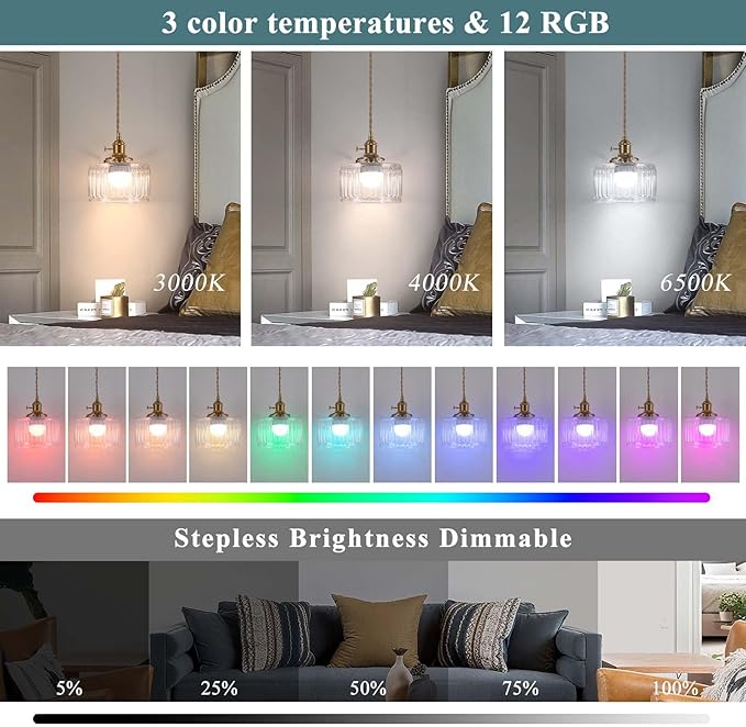 Battery Operated Pendant Light,Vintage Light Fixtures 2500mAh 6.6in RGB Light Bulb with Remote Control Wireless Adjustable Rechargeable Chandelier for Kitchen Island Hallway 1Light