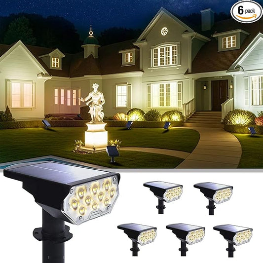 6 Pack Solar Spot Lights Outdoor Waterproof, 20 LEDs Bright Landscape Spotlights Dusk to Dawn, Warm White Adjustable Uplights for Yard Tree House Garden Wall Pathway, IP65