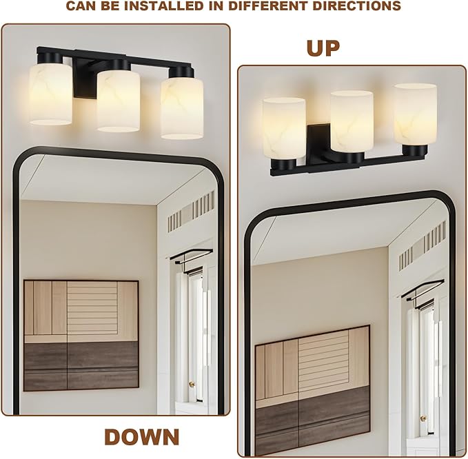 3-Light Bathroom Light Fixtures, Modern Vanity Lights, Black Metal Wall Lamp with Handcrafted Art Glass for Bathroom, Mirror, Living Room, Bedroom, Cabinet, Porch, Hallway, E26 Base