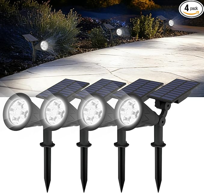 T-SUN Solar Spotlights Outdoor, 4 LED IP65 Waterproof Solar Landscape Spotlights, Dusk to Dawn Solar Lights for Trees, Yard, Garden, Pathway, Patio, Pool Area (White-4 Pack)