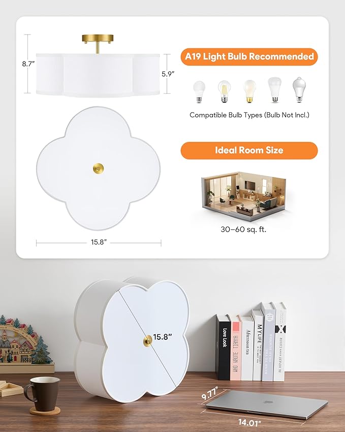 VONLUCE Semi-Flush Mount Ceiling Light, 15.8" Modern 4-Light Ceiling Light Fixture with White Clover-Shaped Shade 4 E26 Sockets for Bedroom Entryway Living Room, Gold Finish, ETL Certificated