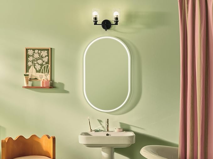 Kichler Gioe 14.25" 2-Light Bathroom Vanity Light Fixture with Clear Fluted Glass in Black, Damp Rated for Powder Room Over Mirror (14.25" W x 10.5" H), 55225BKFLU