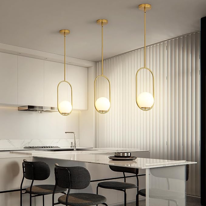 Yunnix Pendant Lights Kitchen Island, Pendant Light Fixtures, 2 Pack Modern Gold Globe Glass Pendant Lighting, Brass Mid Century Chandelier One Light for Bathroom Bedroom Dining Room