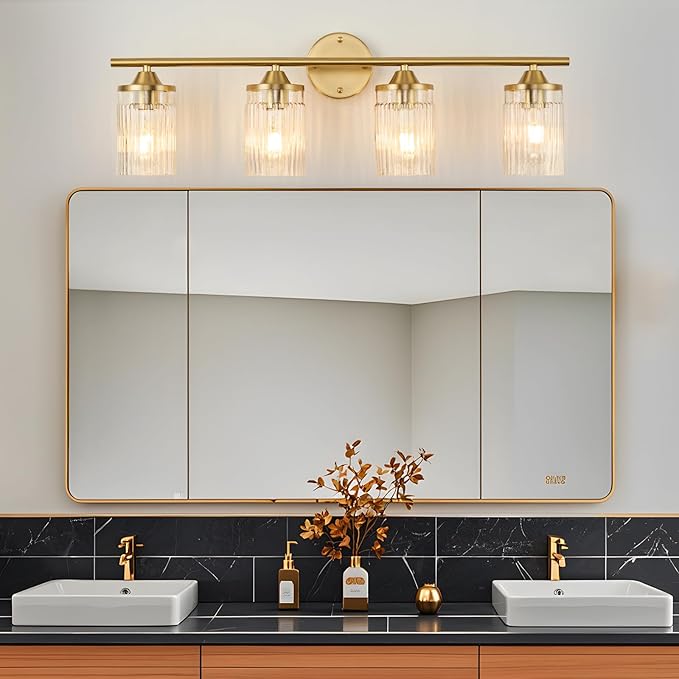 Jonsi Gold Bathroom Light Fixtures 4-Light Vanity Lights Modern Wall Sconce with Clear Glass Shade Brushed Brass Bathroom Light Fixture Over Mirror for Bedroom Hallway Kitchen