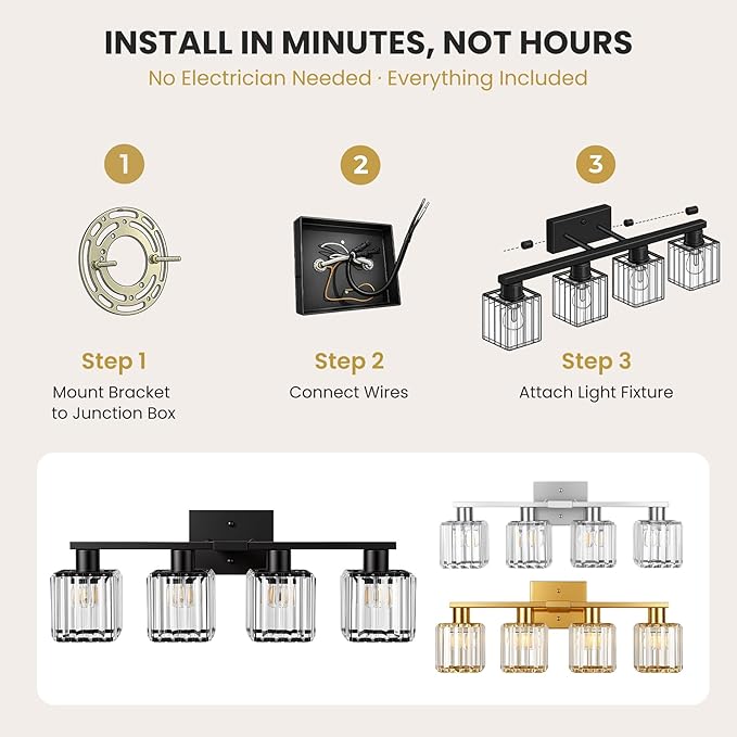 Crystal Bathroom Light Fixtures, 4-Light Matte Black, Vanity Lights for Bathroom Over Mirror, Modern Bath Wall Sconce for Mirror Bedroom Living Room