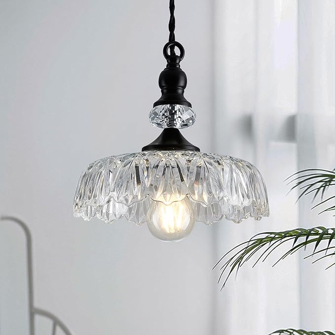 CVKASH Vintage Glass Pendant Light Fixture Black Modern Adjustable Chandelier Hanging Light for Farmhouse Dining Room Kitchen Bedroom Hallway Island